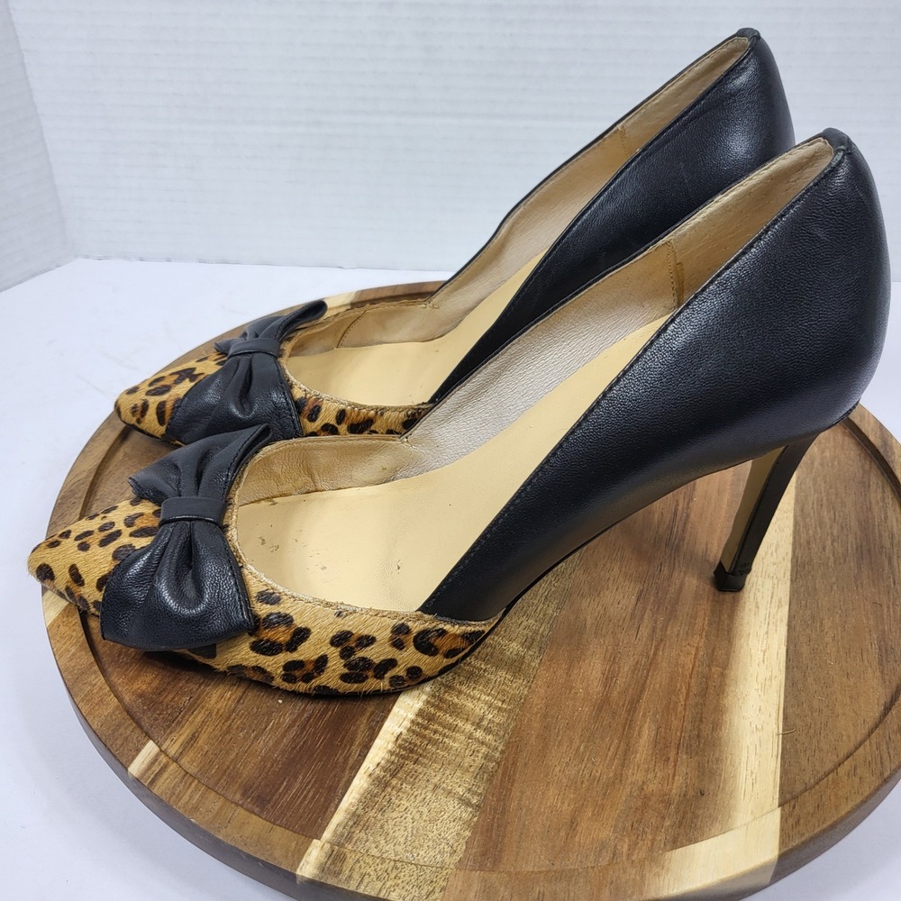 Kate Spade Leopard Print Calf Hair Black Leather‎ Bow Pointed Toe Pumps 6.5M - Picture 5 of 13